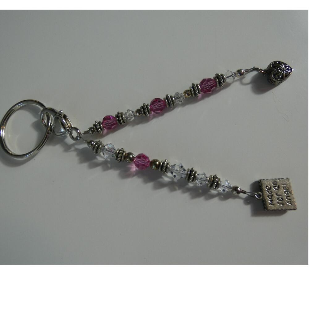 Keychain Silver Tone Pink White Beads Charms( MADE FOR AN ANGEL) Heart